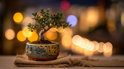 Miniature bonsai tree with dense green foliage and textured bark in an ornamental ceramic plant with intricate blue floral patterns, placed on a fabric surface against blurred city