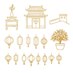 Elegant line art featuring vase with flowers, traditional building, Great Wall, and decorative