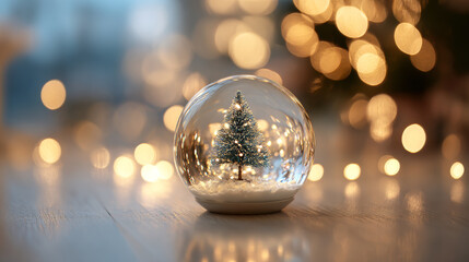 Miniature christmas tree inside a transparent glass snow globe with warm bokeh lights in the background