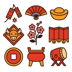 Chinese New Year symbols include lanterns, fans, gold ingots, and flowers, evoking celebration