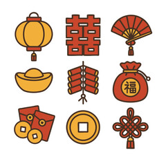 Colorful icons representing traditional Chinese symbols, including lanterns, fans, and coins