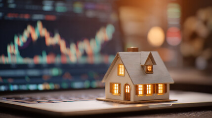 Miniature house model with illuminated windows placed on a laptop in front of a financial trading chart on a computer screen
