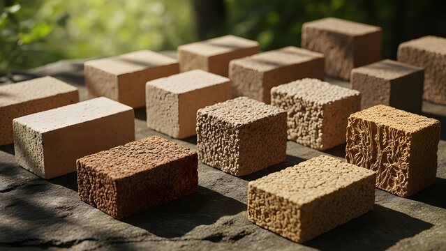 Regenerative Mycelium Building Material Blocks Arranged on a Wooden Surface Outdoors in Natural Light