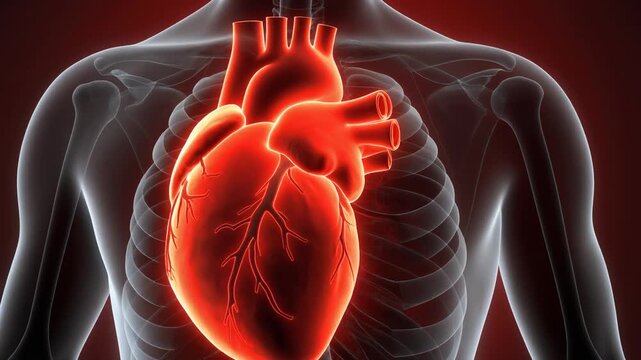 Red glowing human heart and thoracic cavity. Scientific medical art illustration of cardiova.