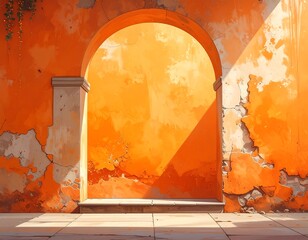 Sunny Italian courtyard with an orange-painted arched doorway