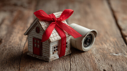 Miniature wooden house model wrapped in red ribbon with bow, placed on rustic wooden surface alongside a rolled-animated movie blueprint or scroll, symbolizing home decoration or gift