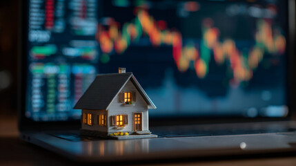 Miniature white house model with warm glowing windows placed on top of an open laptop computer, with a colorful stock market graph displayed on the screen