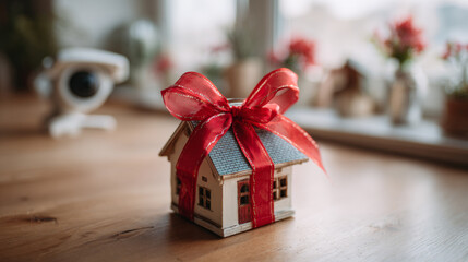 Miniature wooden house wrapped in a vibrant red satin ribbon with a large decorative bow, placed on a wooden surface indoors with blurred background of potted plants and flowers