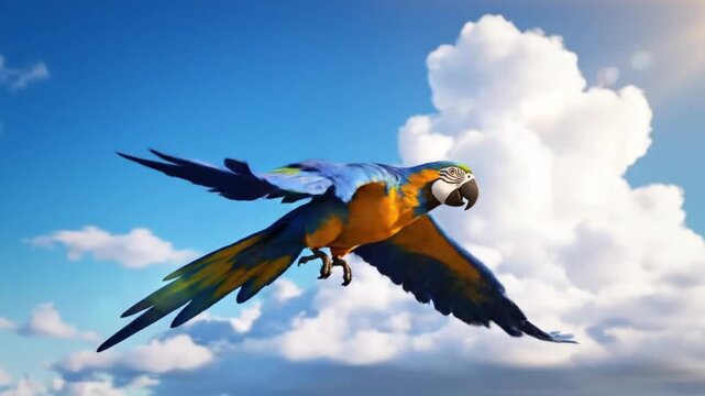 Animated cartoon parrot flying through a clear blue sky, showing detailed wing motion and vivid tropical colors. Ideal for educational content or animation projects.