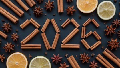 Cinnamon sticks forming number 2026 flat lay
