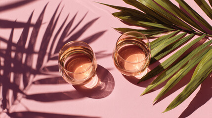 Minimalist flat lay of two clear glass tumblers filled with pale pink beverage on pink surface with green palm leaves casting shadows