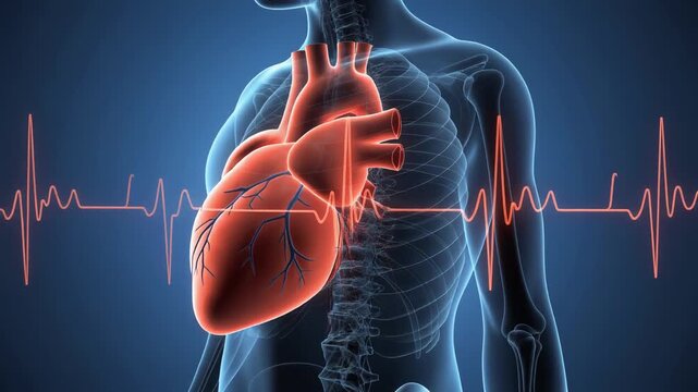 Rotating 3D medical animation of human heart pumping with ECG line on blue background 