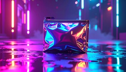 Vibrant neon reflections dance on a metallic object, mirroring a dynamic urban landscape under a futuristic glow, creating a striking cyberpunk scene