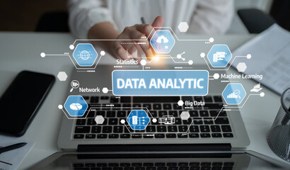 A business professional interacts with a data analytics interface, featuring modern graphics and concepts like machine learning, statistics, and big data. Tessel