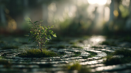 Fototapeta premium Small green plant with delicate leaves and textured stems growing amidst ancient stone labyrinth walls in a mysterious setting