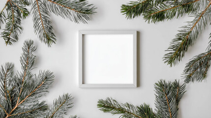 Minimalist square white photo frame with smooth matte surface surrounded by green pine branches