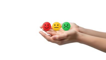 A person holding three colorful smiley face emojis in their hand against on a white transperent background.png