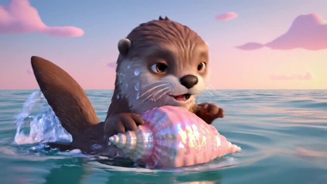 Charming otter floating on water while holding a shell, a cute educational character concept for kids&rsquo; learning and storytelling content.