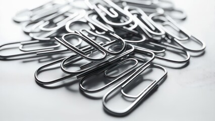 Close-up of many metal paperclips piled together