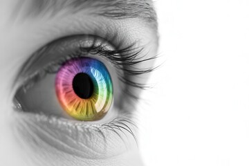 Extreme close up of a human eye with a vibrant rainbow colored iris, vision and diversity concept