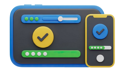 3D UI Design Elements with Checkmarks and Sliders on transparent background