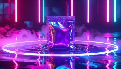 Vibrant Neon Aura A Sleek, Reflective Bag Shimmers on a Mystical Water Stage, Surrounded by Dynamic Light and Atmospheric Fog, Creating a Modern Enigma