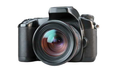 Camera with visible lens reflections showing realistic photography equipment and detailed design isolated on transparent background PNG