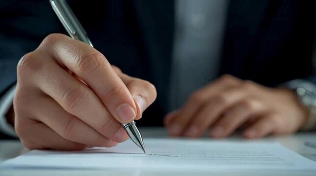 A close-up of a hand holding a pen, poised to write on a document, suggesting focus and professionalism in a business or formal setting. writting video
