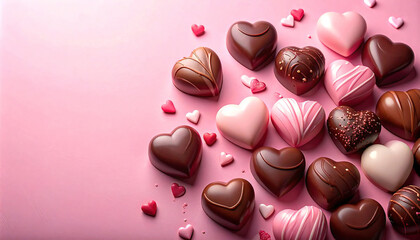 ピンク背景に並ぶハート型チョコレート。バレンタインのスイーツイメージ。Heart Shaped Chocolates on Pink Background Valentine Sweets Image.