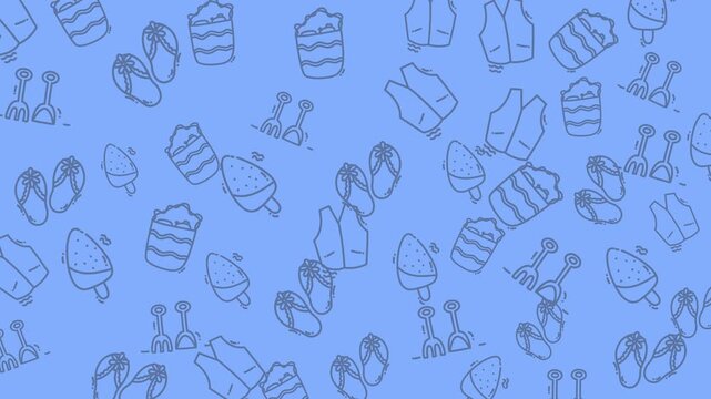 Pattern of summer themed items like flipflops and ice cream. Suitable for summerthemed designs such as greeting cards and stationery.