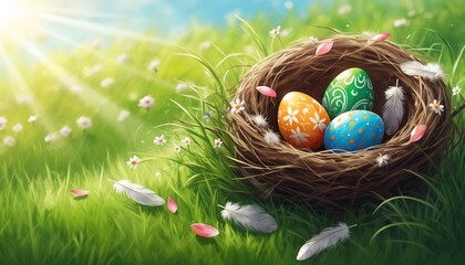 Painted easter eggs in a birds nest celebrating a Happy Easter on a spring day with a green grass meadow and blurred grass foreground and bright sunlight background.