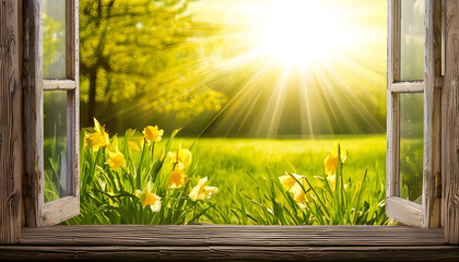 A view from an open window of green fields, flowers and bright sunshine