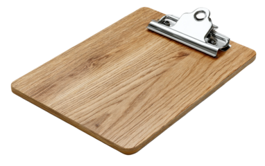 Detailed clipboard artwork featuring wooden surface metal clip and practical organizational tool isolated on transparent background PNG