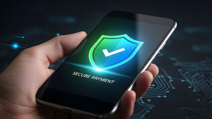 A hand holding a smartphone with a secure payment shield on the screen