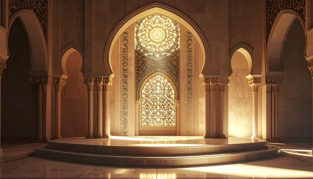 Ornate Islamic Architecture Interior with Sunlight and Arches