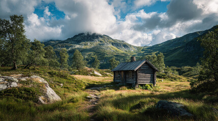 Small wooden cabin with weathered dark gray logs and sloped metal roof situated in lush green landscape in norway surrounded by vibrant foliage and rolling hills