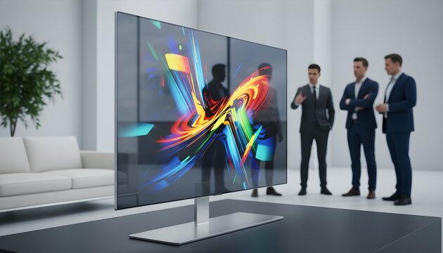 Businessmen admiring a large transparent display screen in a modern office setting.