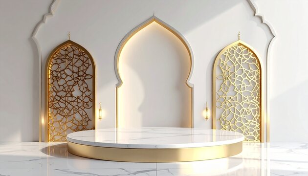Golden Marble Podium and Islamic Arch for Luxury Product Display