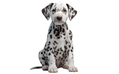 Attentive dalmatian puppy sitting calmly showing focus curiosity and gentle companion behavior isolated on transparent background PNG