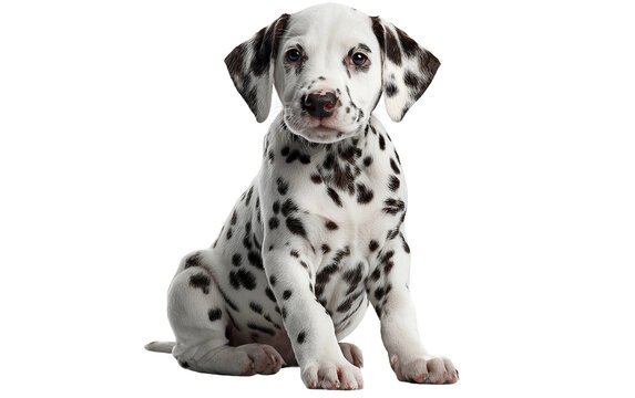 Calm dalmatian puppy sitting with awareness highlighting obedience charm and friendly nature isolated on transparent background PNG