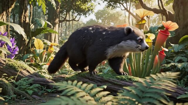 8K cartoon showing a curious binturong exploring the forest floor, created for children&rsquo;s nature education and wildlife animation projects.