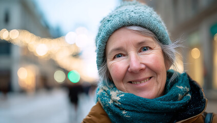 Smiling middle-aged woman in winter attire outdoors with cozy knit hat and scarf, urban background with festive lights