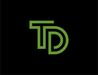 Green line art of letter td on black background