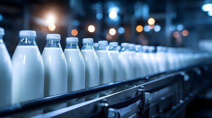 Bottles of fresh milk moving along a conveyor belt in a dairy factory.