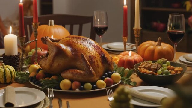 Traditional autumn thanksgiving dinner table with roasted turkey candles and seasonal harves.