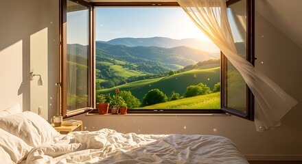 Sunlit morning awakening with panoramic view from cozy bedroom window