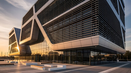 Smart Responsive Architectural Facade Design of Modern Building Exterior at Sunset