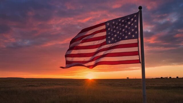 United States Flag at Sunrise Over Open Plains with Vibrant Sky
