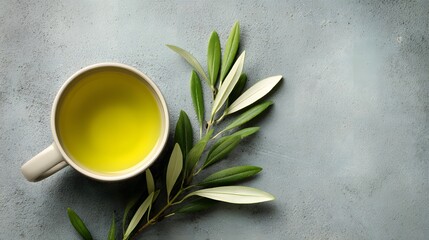 A cup of golden olive oil with fresh olive leaves on a textured background.