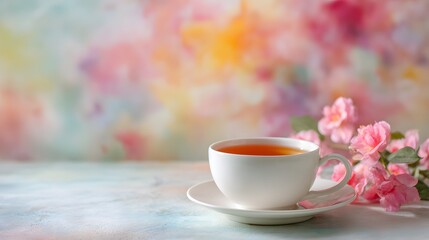 Fototapeta premium A Cup of Tea with Pink Flowers and a Soft Watercolor Background.